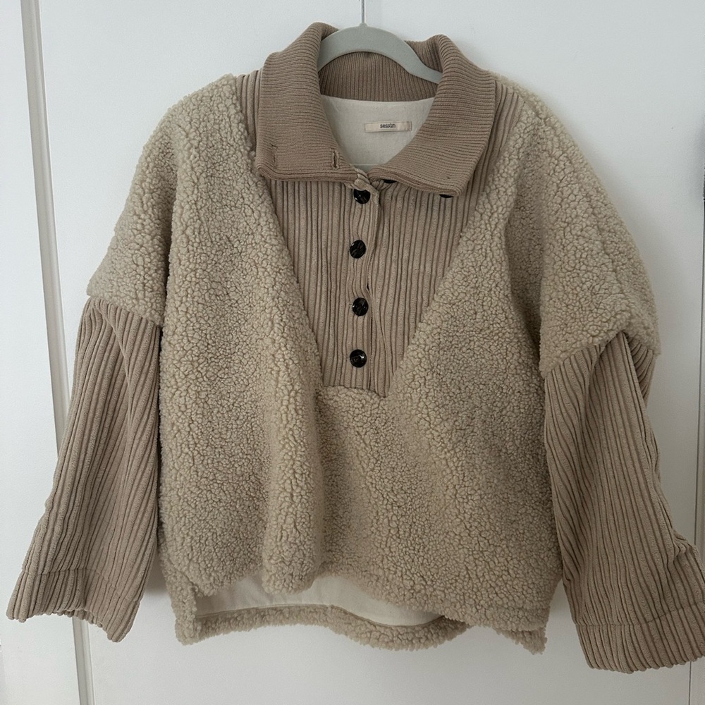 Relaxed Taupe Sherpa Pullover with Ribbed Henley Collar